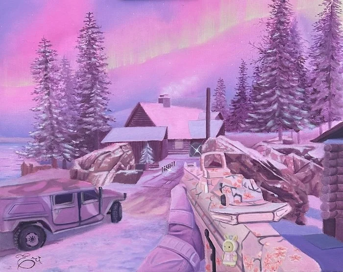 Painting of a winter scene with snow-covered ground, pink and purple sky, tall pine trees, a wooden cabin, an SUV parked outside, and a person holding a colorful gun.