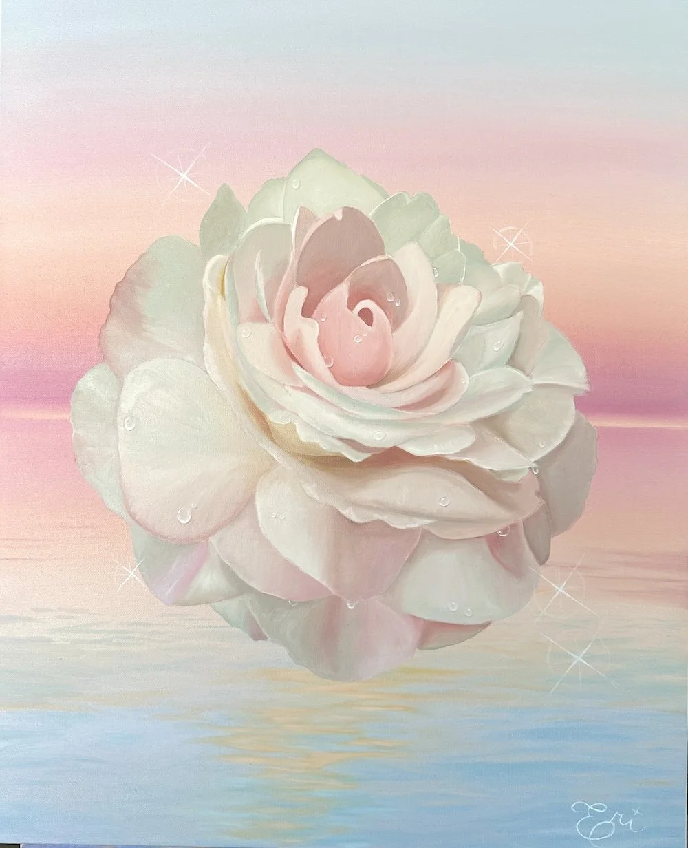 Soft pastel digital painting of a white and pink rose with water droplets, reflected on a calm, colorful water surface with a pink and blue gradient sky.