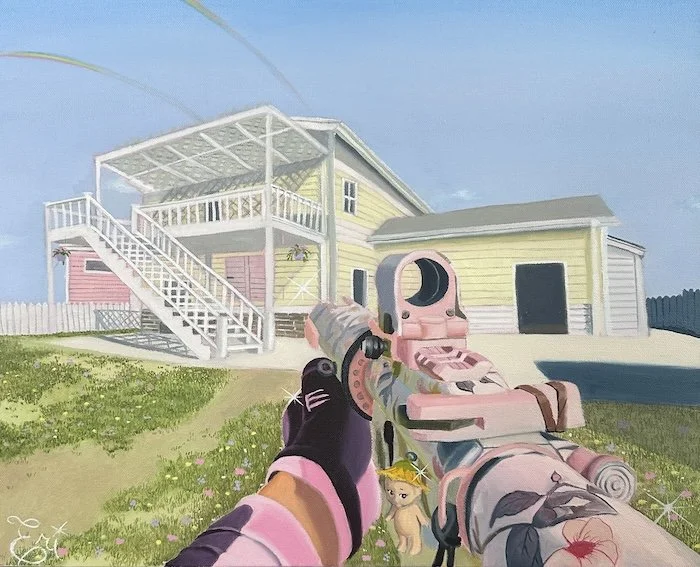 First-person view of a person holding a pink gun aimed at a house, with grass and flowers in front.