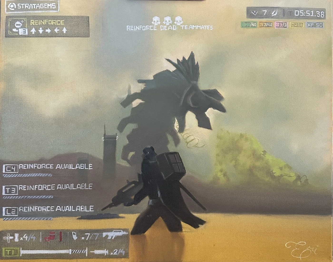 In a video game screen, a character in dark armor is holding a gun, and a giant appears in the background amid a smoky, cloudy environment with a yellowish-green hue. The game interface displays various action options, health, resources, and game sta