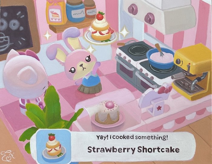Cute illustrated kitchen with toys, a puppet, and toy food items, including a strawberry shortcake on a plate and a finished cupcake, with a speech bubble saying 'Yay! cooked something!'
