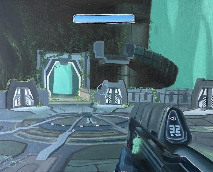 A screenshot from a sci-fi video game showing a futuristic environment with a weapon in the foreground, a glowing blue portal.