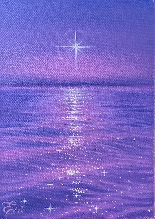 A star shining brightly over a calm, purple ocean with its reflection visible on the water