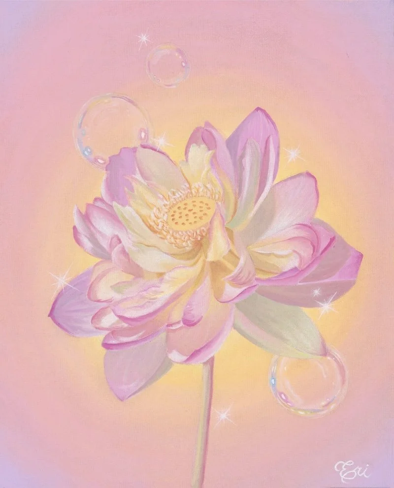 A pastel-colored illustration of a pink and yellow flower, possibly a peony, surrounded by sparkling stars and floating bubbles on a soft pink background.
