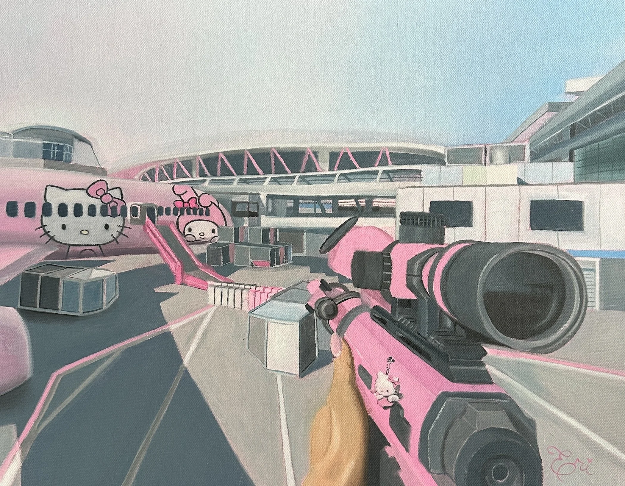 A video game scene featuring a pink sniper rifle decorated with Hello Kitty stickers, aimed at a futuristic airport terminal with pink and white accents, Hello Kitty characters, and take off/landing area.