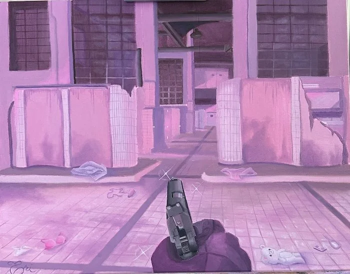 First-person perspective of a gun aimed at a graffiti-style pink interior building with toys on the ground.