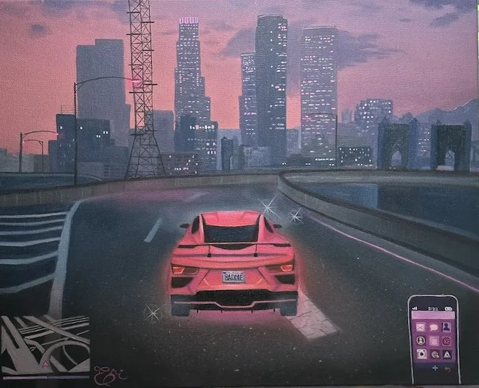 Painted cityscape with a pink sports car on a highway at sunset, smartphone with app icons on the bottom right, and city skyline with skyscrapers in the background.