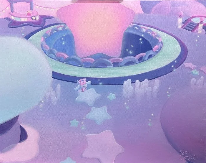 A colorful, whimsical amusement park ride designed with pastel pink, purple, blue, and green colors, featuring star and cloud motifs, with a cartoon astronaut figure and curved pathways.