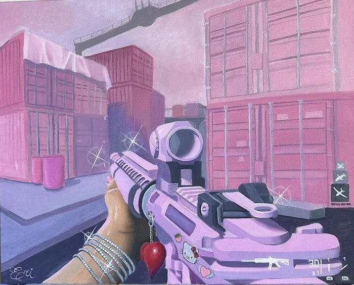 A pink and purple painting of a first-person view holding a pink gun with a Hello Kitty charm, aimed at pink shipping containers in a warehouse setting.