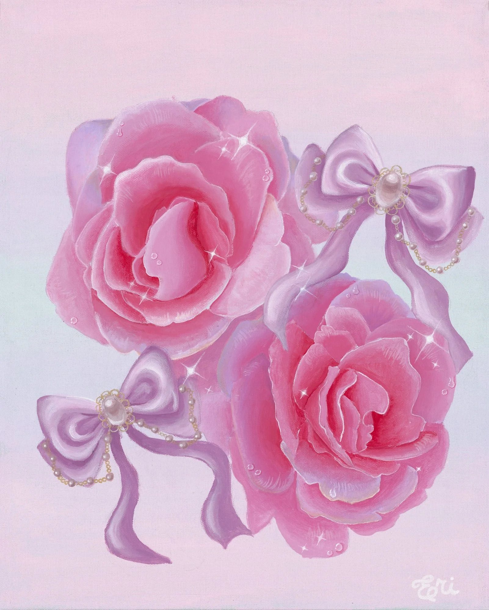 Painting of pink roses with purple ribbons and pearl embellishments against a pastel background.