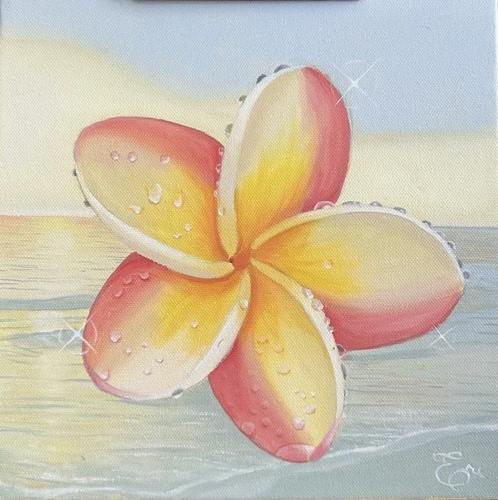 A watercolor painting of a flower with yellow and pink petals, with water droplets on the petals, against a soft background with light blue and beige shades.