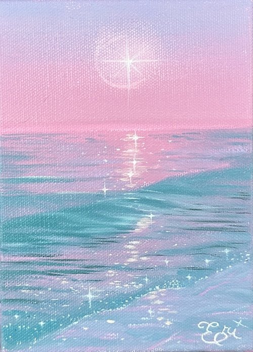 A pastel-colored painting of a beach at sunrise or sunset with gentle waves and a bright star or sun in the sky, reflecting on the water, with the artist's signature in the bottom right corner.