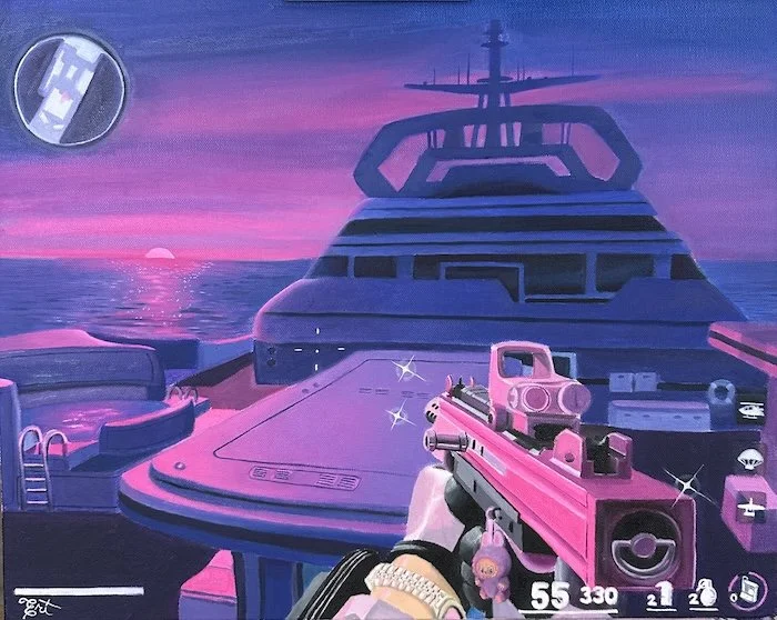 First-person view of a shooting video game on a yacht during sunset, with a pink gun, digital health and ammo indicators, and a moon over the ocean.