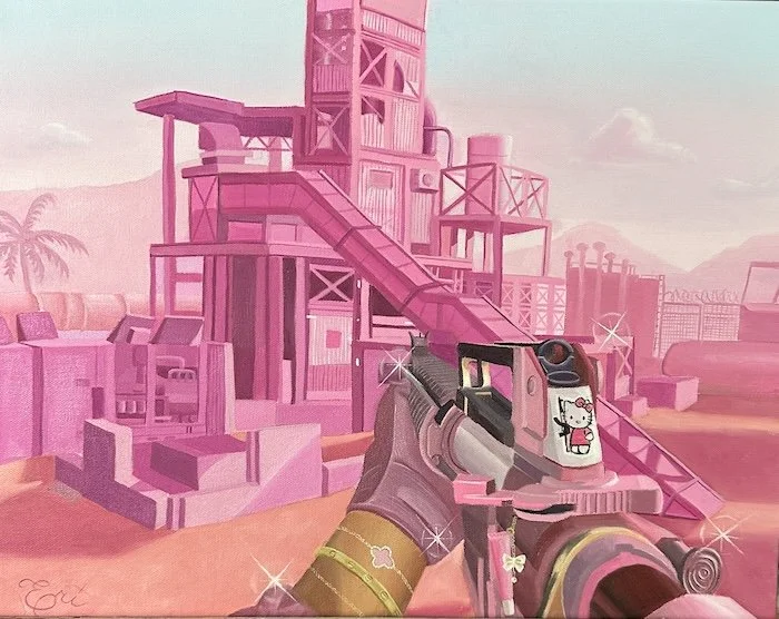 Pink-colored industrial structure or factory with a slide and various geometric shapes, held in the foreground by a decorated gun with Hello Kitty and flower stickers.