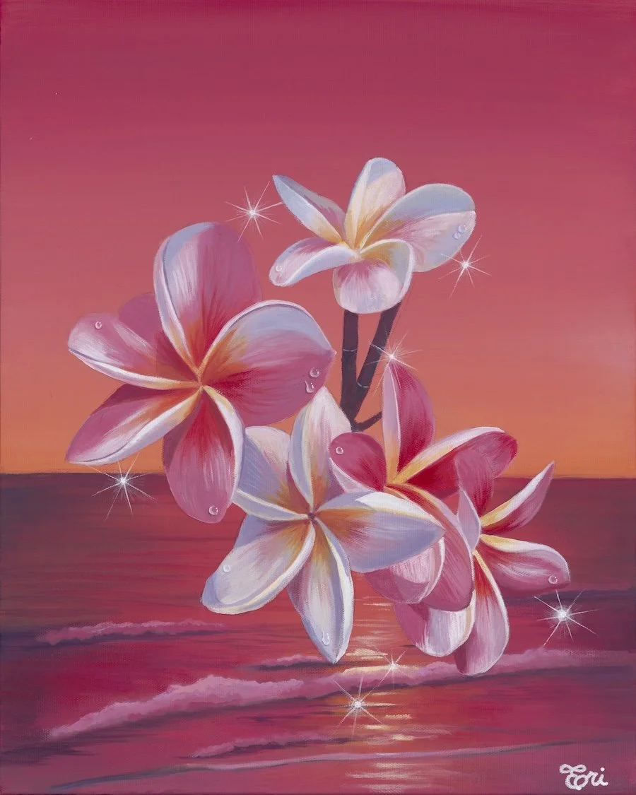 Painting of pink and white plumeria flowers against a pink sunset over the ocean with sparkles and water droplets.