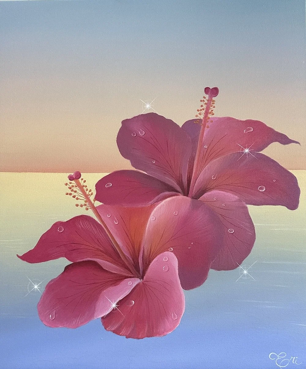 Pink hibiscus flowers with water droplets and sparkles against a pastel gradient background.