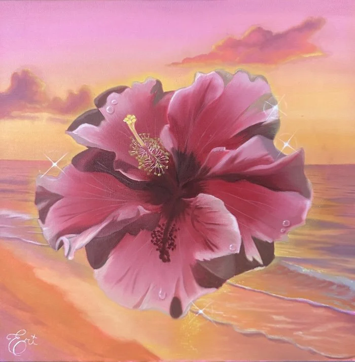 A large pink hibiscus flower floating above a beach scene with a sunset sky, ocean waves, and sparkles.