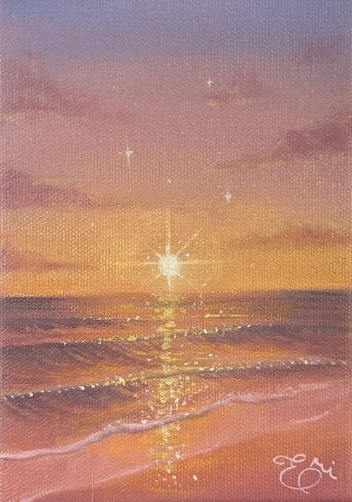 Painting of a sunset over the ocean with the sun reflecting on the water and a few clouds in the sky