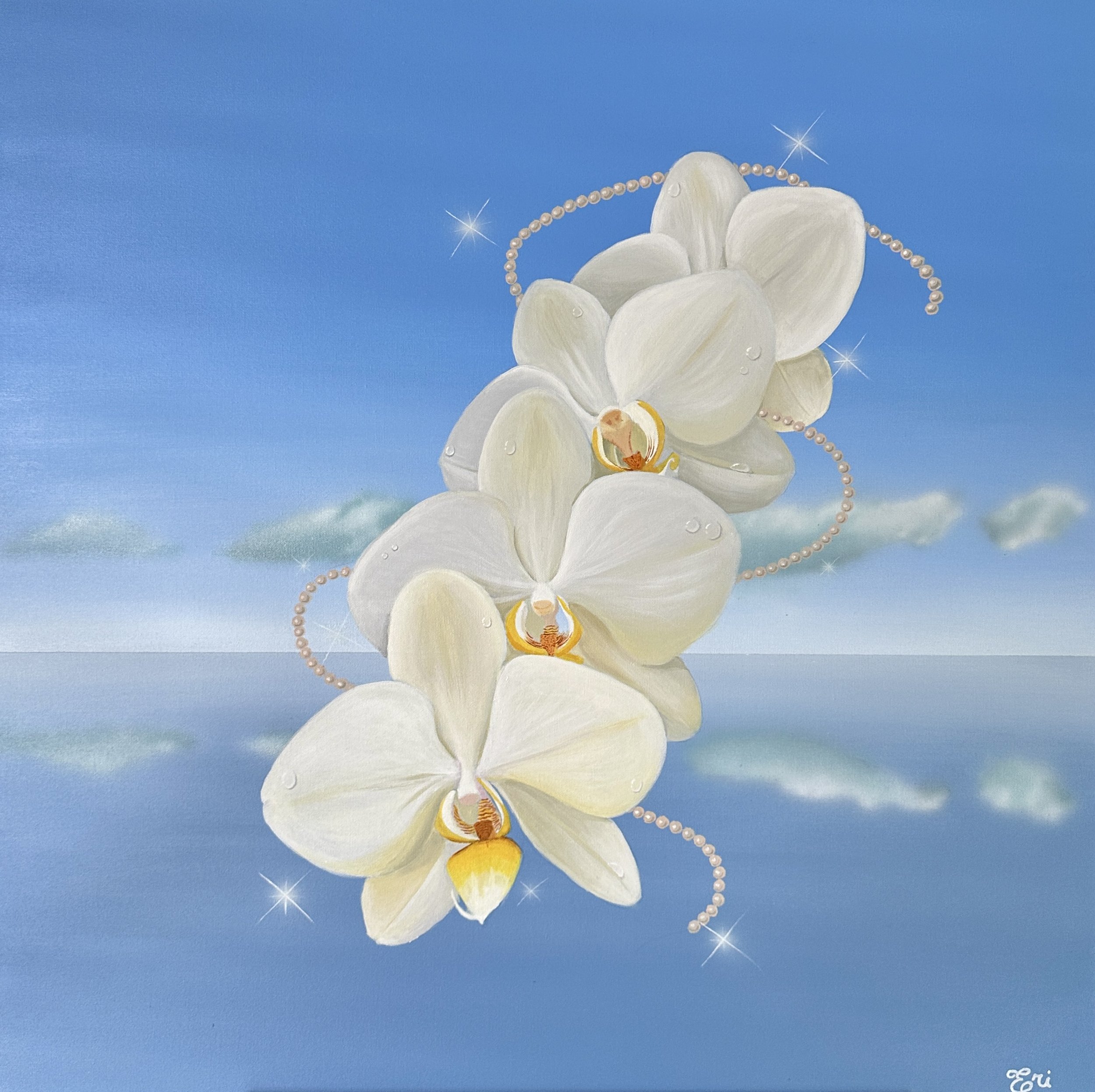 A painting of white orchids with water droplets, gold jewelry, and pearl strings against a bright blue sky with clouds and a body of water, with the artist's signature 'Eri' in the bottom right corner.