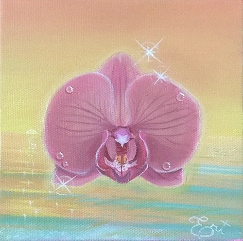 A pink orchid flower with dewdrops, set against a pastel yellow and blue background with sparkles.