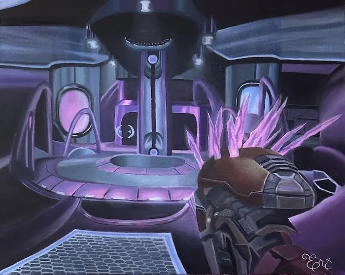 Futuristic interior with glowing purple and pink lights, a central column, and a sci-fi weapon held in a character's hand.