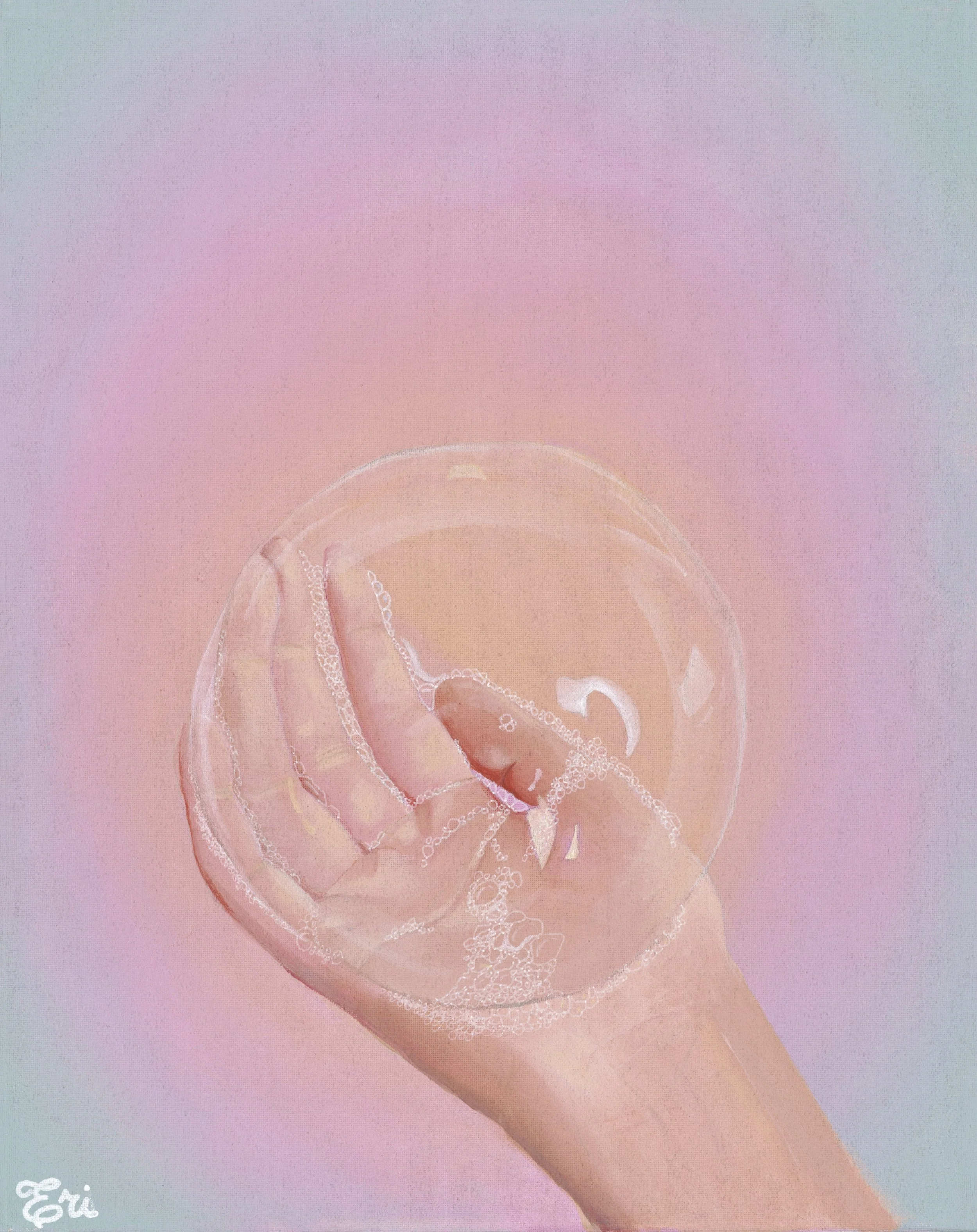 A hand holding a glass of water with bubbles, against a pastel, gradient pink and blue background.