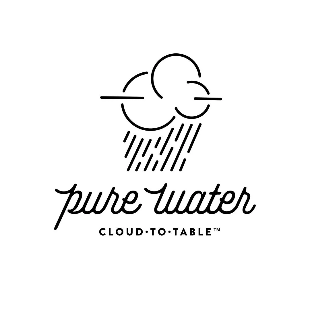 A minimalistic black and white logo with a cloud and rain illustration, the text 'pure Water' in cursive, and 'CLOUD-TO-TABLE' underneath.