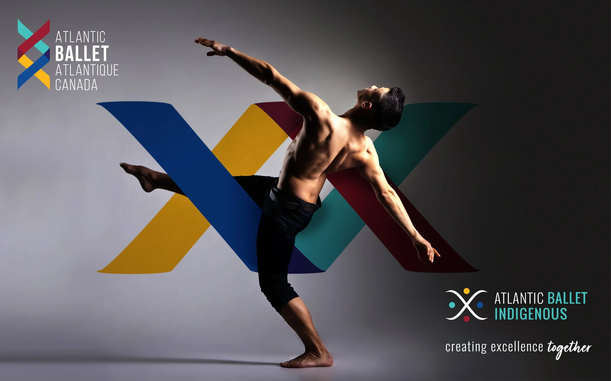 A male ballet dancer performs a dynamic pose against a colorful abstract background. The image includes the logos for "Atlantic Ballet Atlantique Canada" and "Atlantic Ballet Indigenous" with the phrase "creating excellence together."