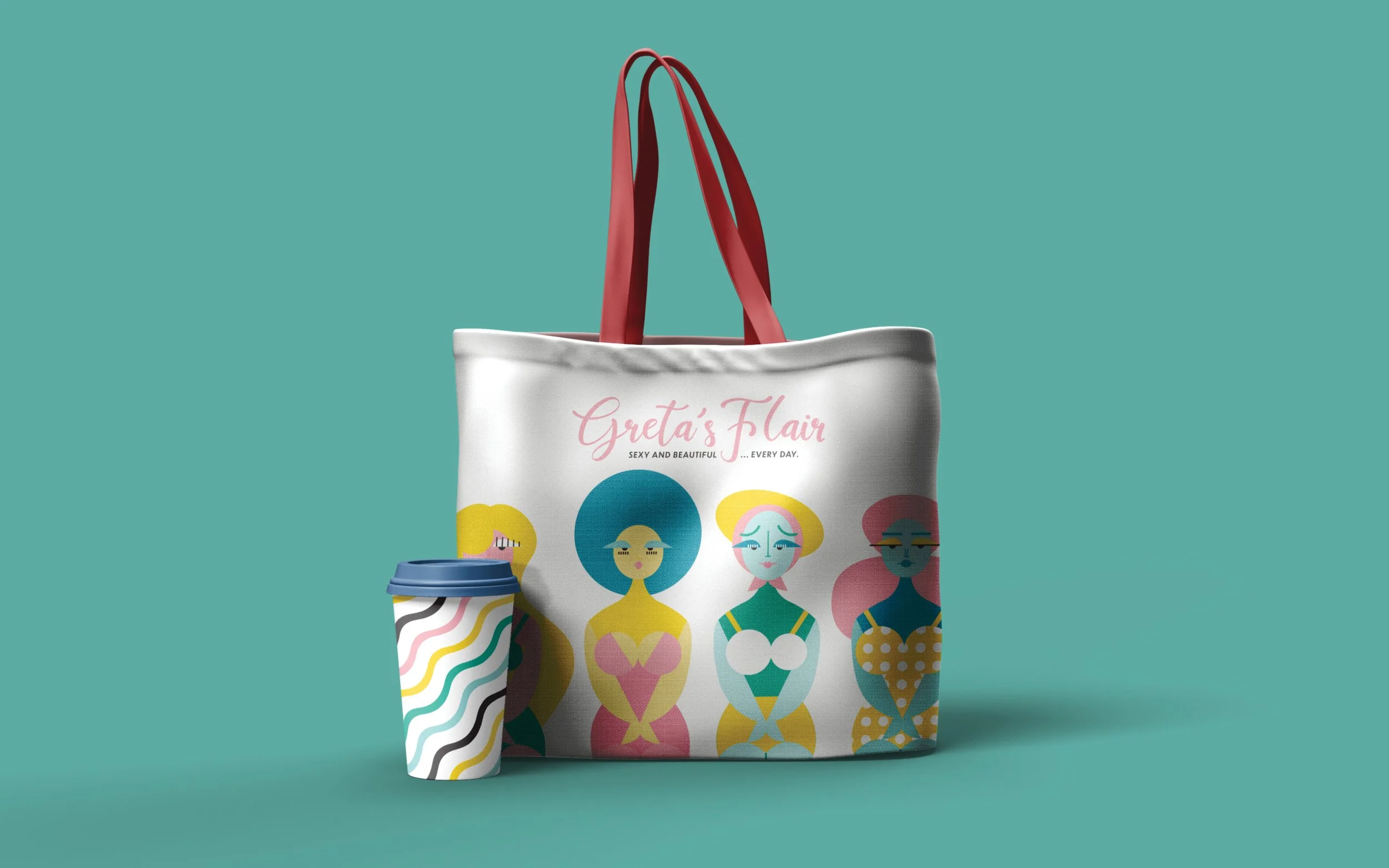Tote bag and travel mug with colorful designs and 'Greta's Flair' branding.