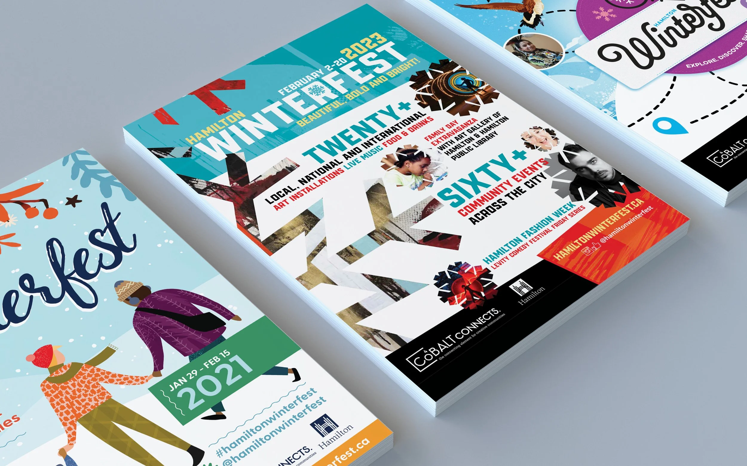 Three colorful event flyers for Hamilton Winterfest featuring bold graphics and information about dates, activities, and sponsors.