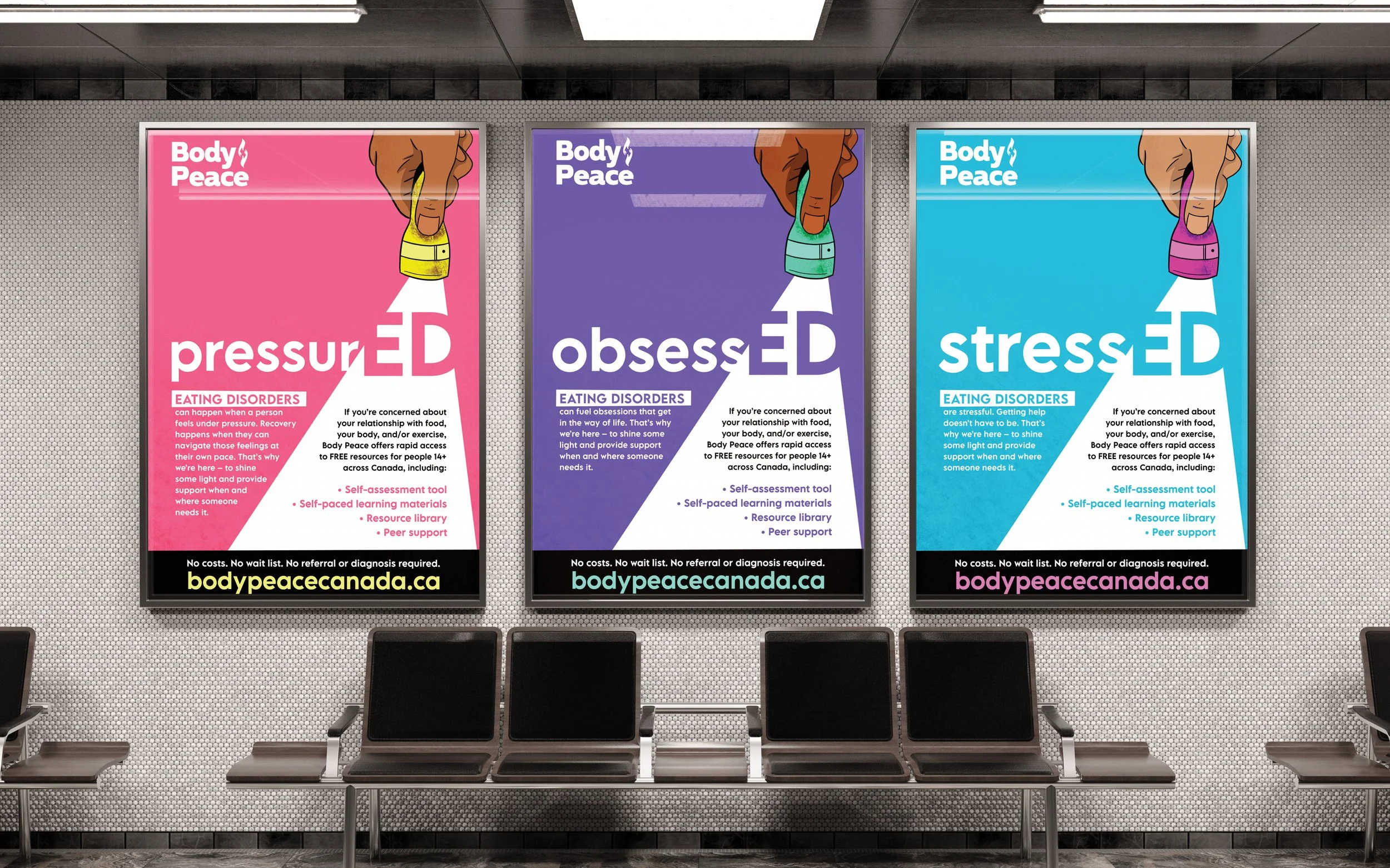 Three posters in a waiting area promoting Body Peace Canada, a free resource for eating disorder support. The posters feature keywords 'pressureD,' 'obsessED,' and 'stressED,' in pink, purple, and blue, respectively. Each poster describes related emotional struggles and offers services like self-assessment tools, learning materials, resource library, and peer support. The website bodypeacecanada.ca is highlighted for more information. Metal chairs are in front of the posters.