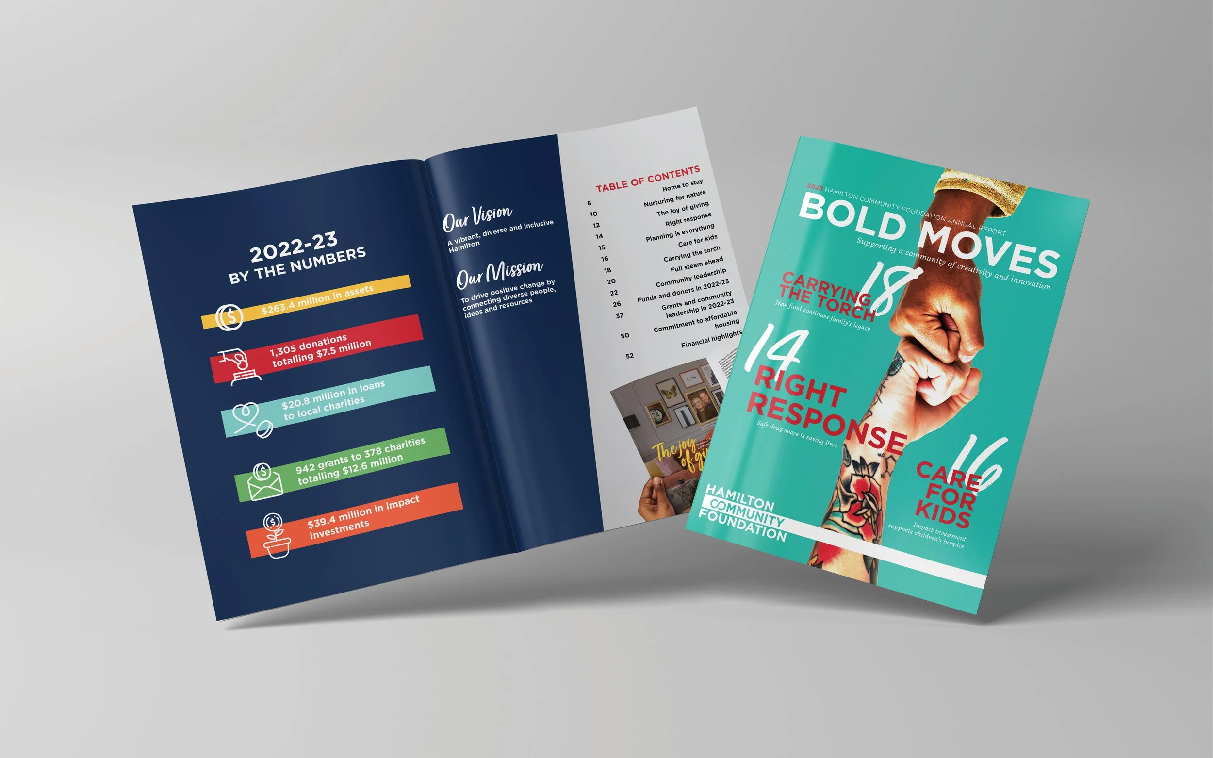 Hamilton Community Foundation annual report titled "Bold Moves," featuring statistics like $263.4 million in assets, detailed donations, and a focus on community initiatives. Cover image shows hands clasped, symbolizing support and unity.