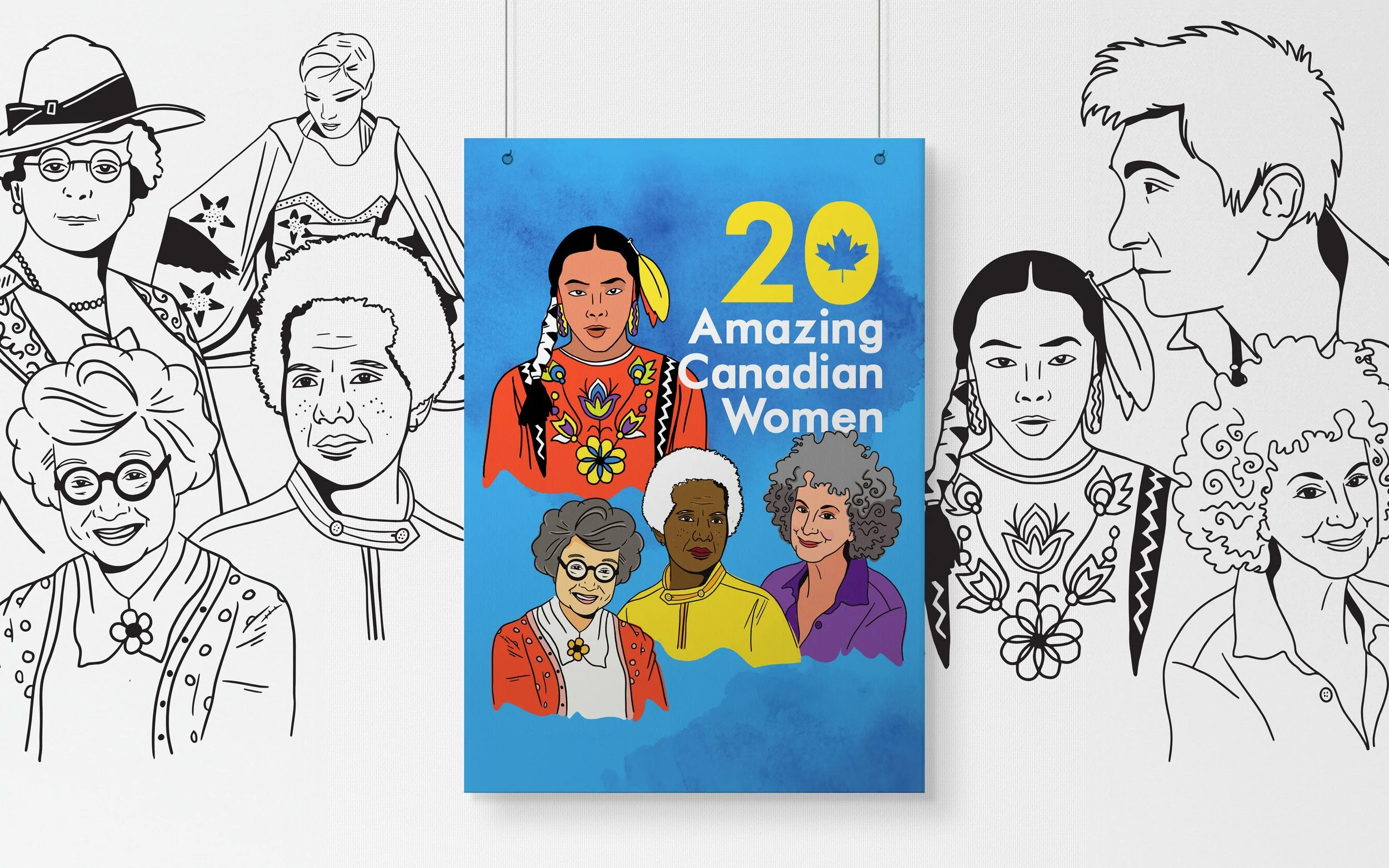 Illustration of Canadian women in history on a poster titled "20 Amazing Canadian Women" against a blue background, featuring colorful portraits in the center and black-and-white drawings on the sides.