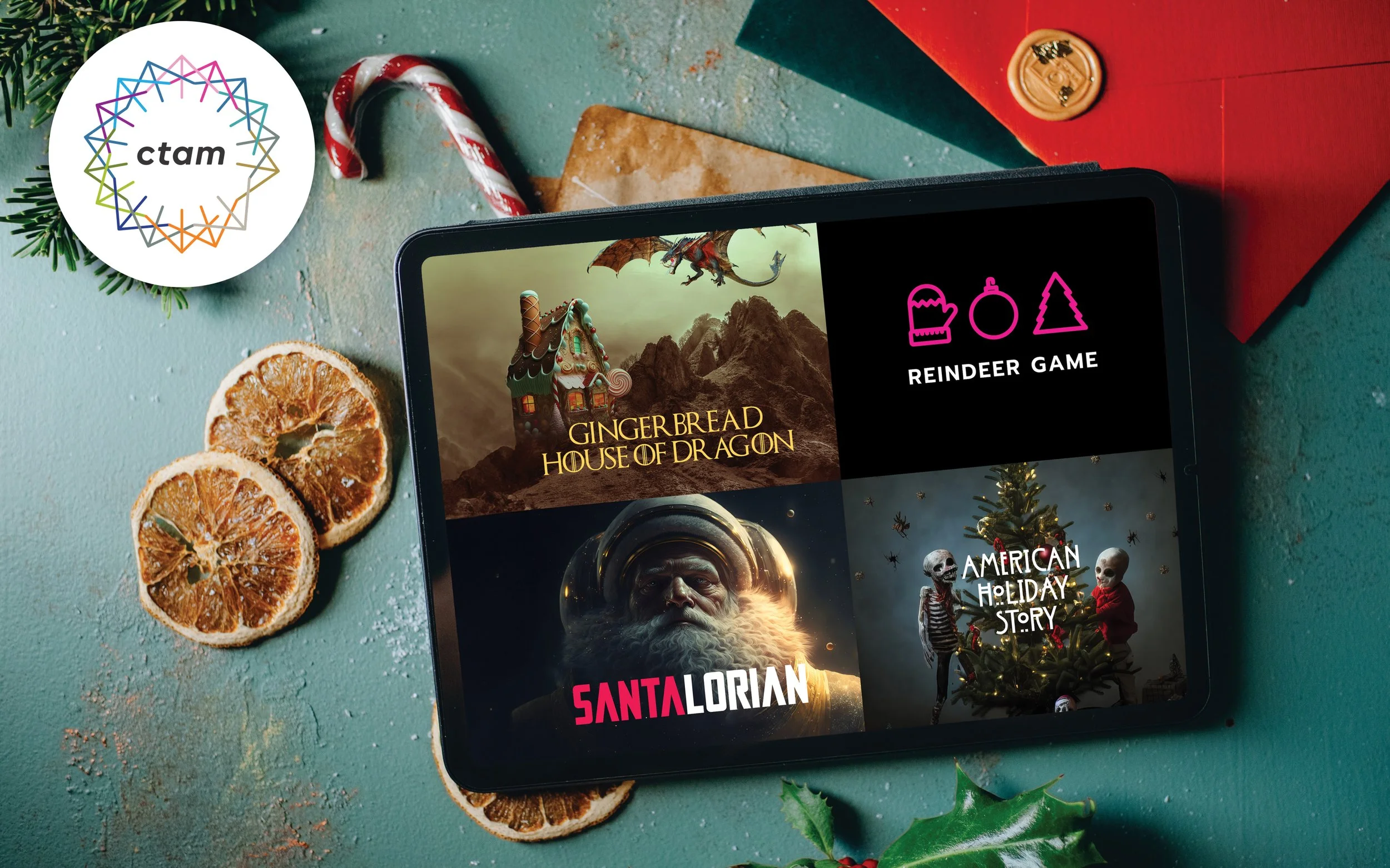 Holiday-themed tablet display showing parody titles: Gingerbread House of Dragon, Reindeer Game, Santalorian, American Holiday Story. Surrounded by holiday decorations like dried orange slices, candy cane, and holly.
