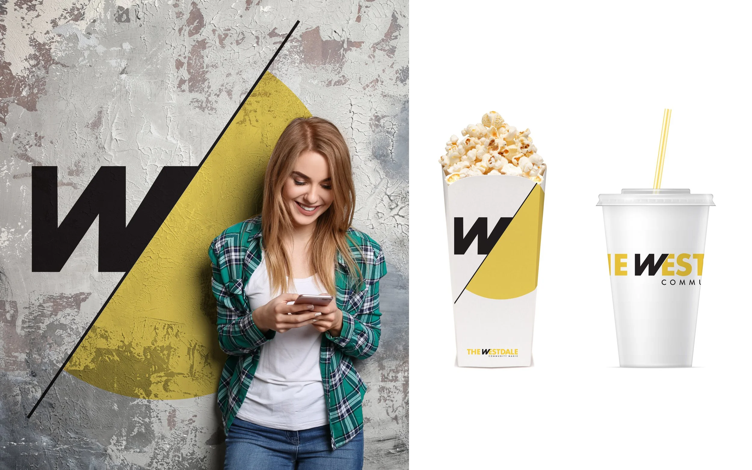Woman in a checkered shirt using a smartphone, standing against a wall with a "W" logo and yellow shape. Popcorn container and drink cup with "W" logo on the right.