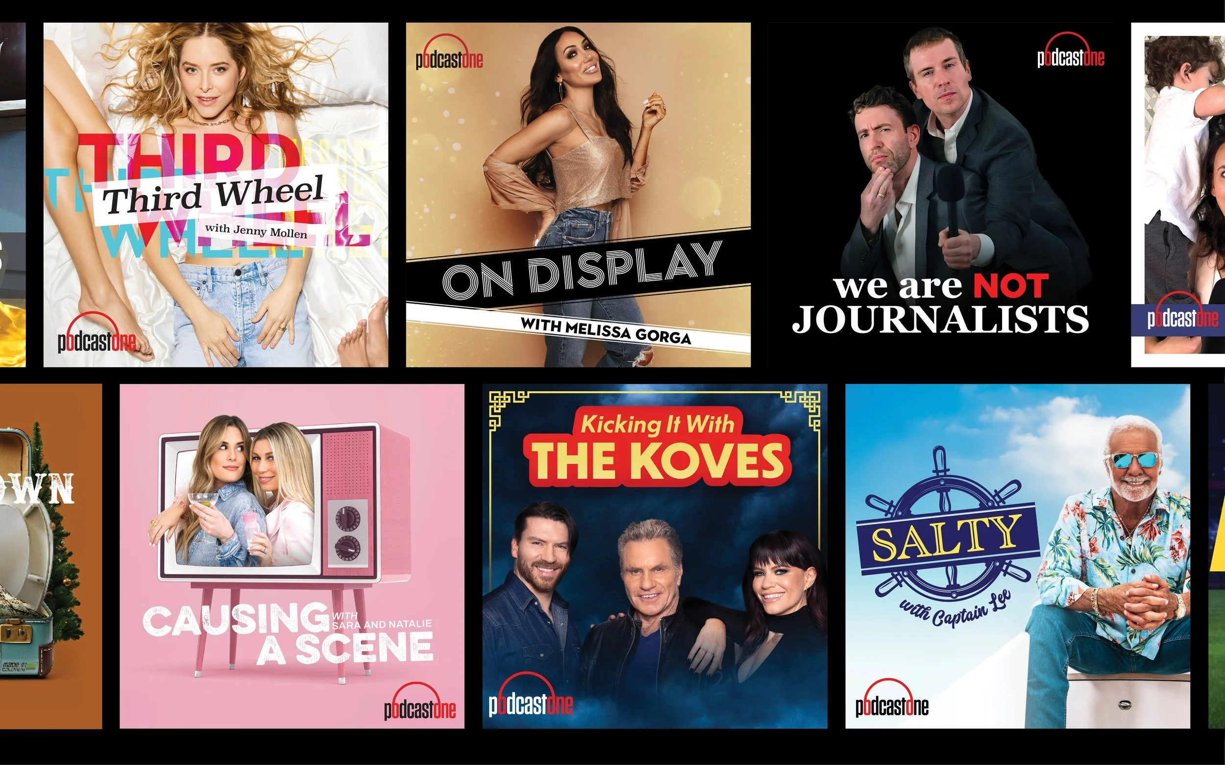 Collage of podcast covers featuring shows like "Third Wheel with Jenny Mollen," "On Display with Melissa Gorga," "We Are Not Journalists," "Causing a Scene with Sara and Natalie," "Kicking It with the Koves," and "Salty with Captain Lee." Backgrounds vary with different design elements and hosts posing or smiling.