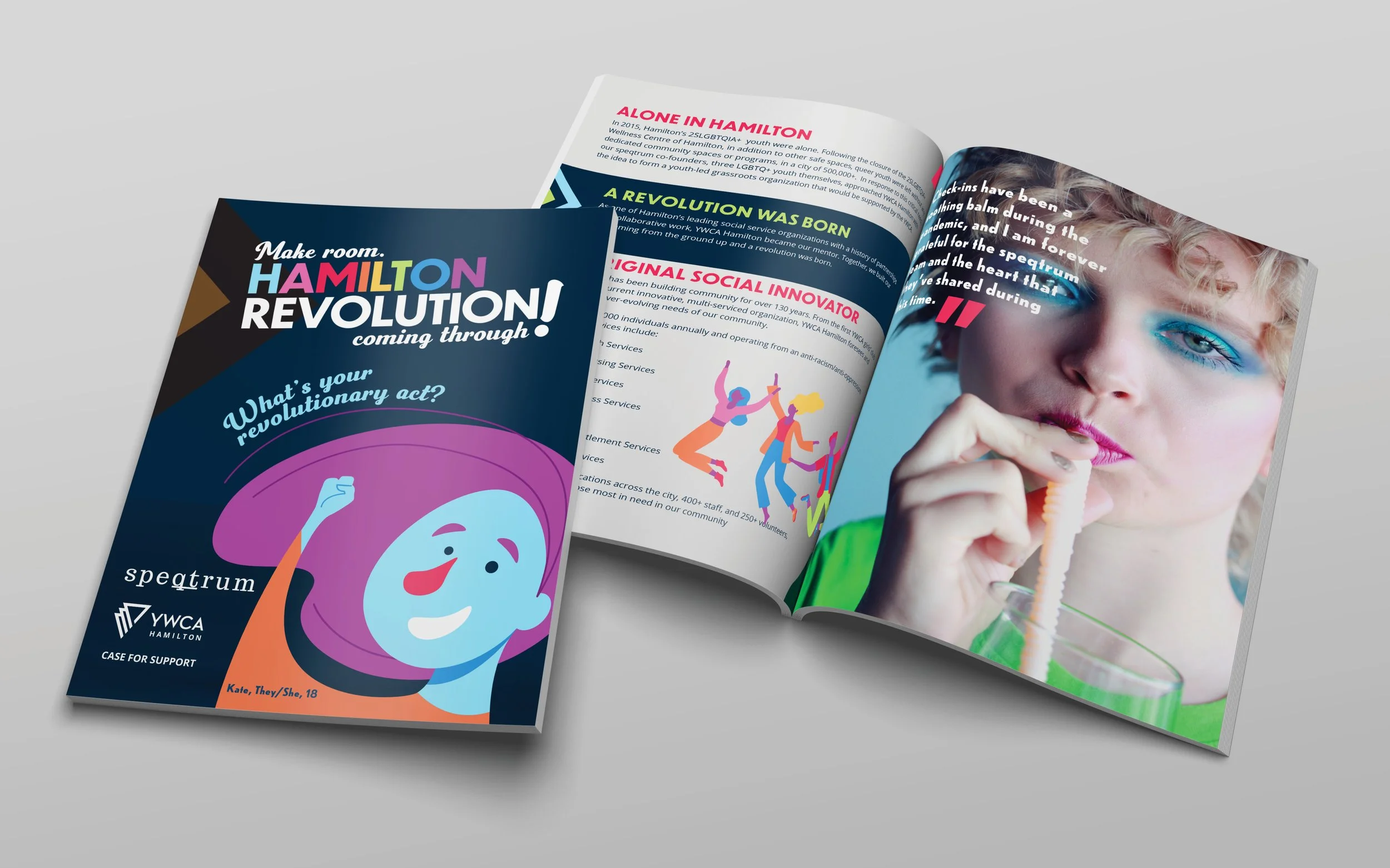 Two open magazines on a gray background. The cover of the left magazine promotes "Hamilton Revolution" with colorful text and a cartoon character. The right magazine shows a person with colorful makeup drinking from a straw and text about a revolution in Hamilton by YWCA.