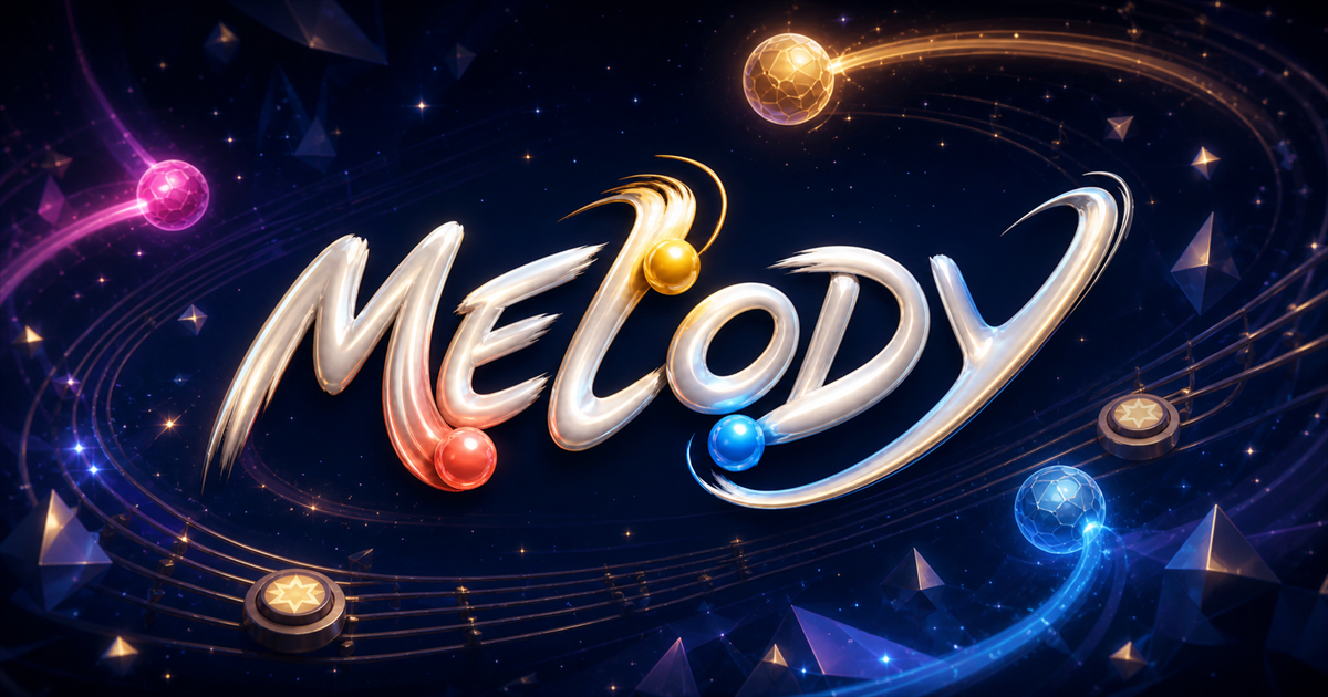 Melody browser game key art with colorful balls in a luminous zero-gravity arena