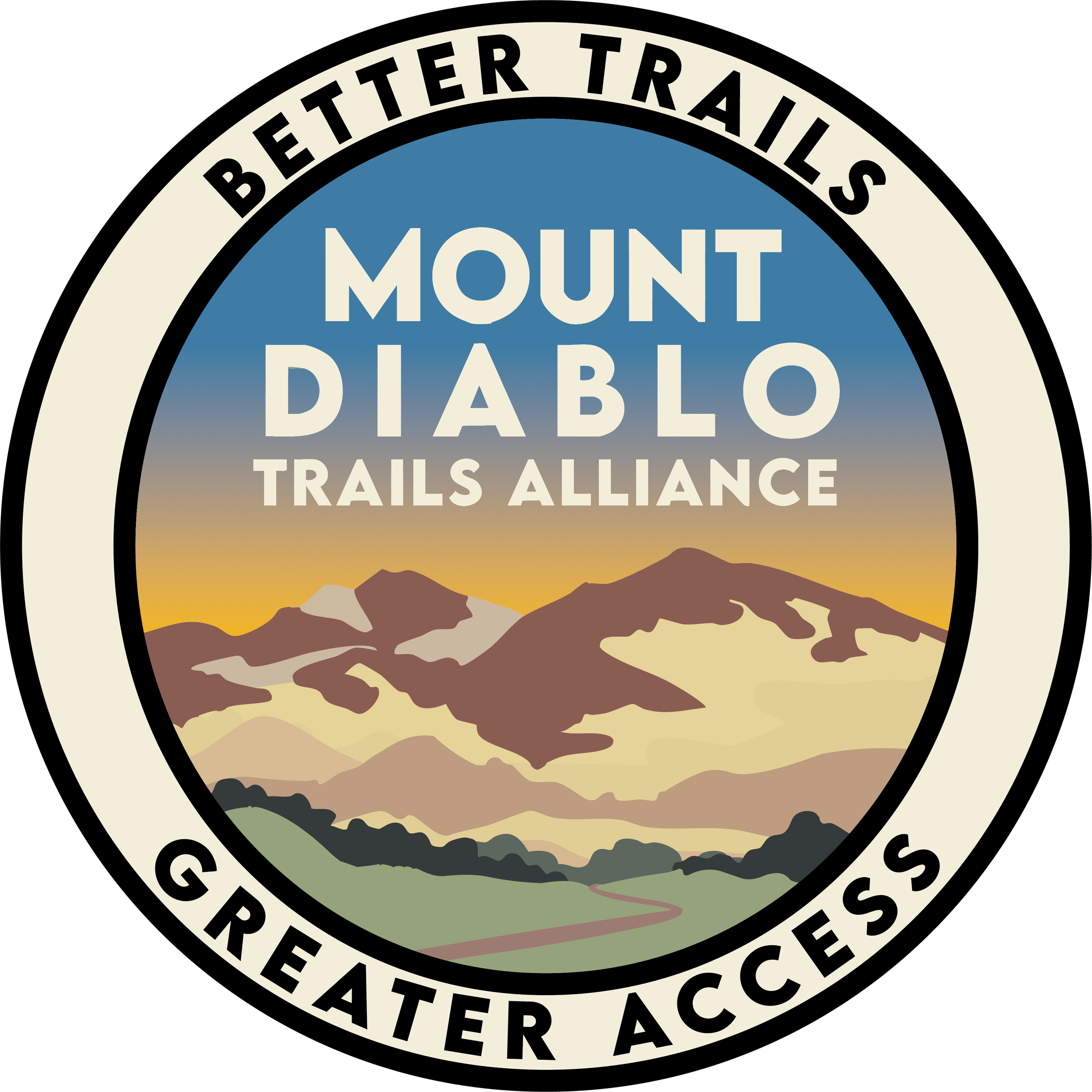 Mount Diablo Trails Alliance badge with mountain landscape and sunset background, emphasizing better trails and greater access.