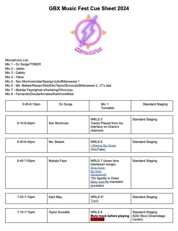 Cue Sheet for the School Performance of GBX