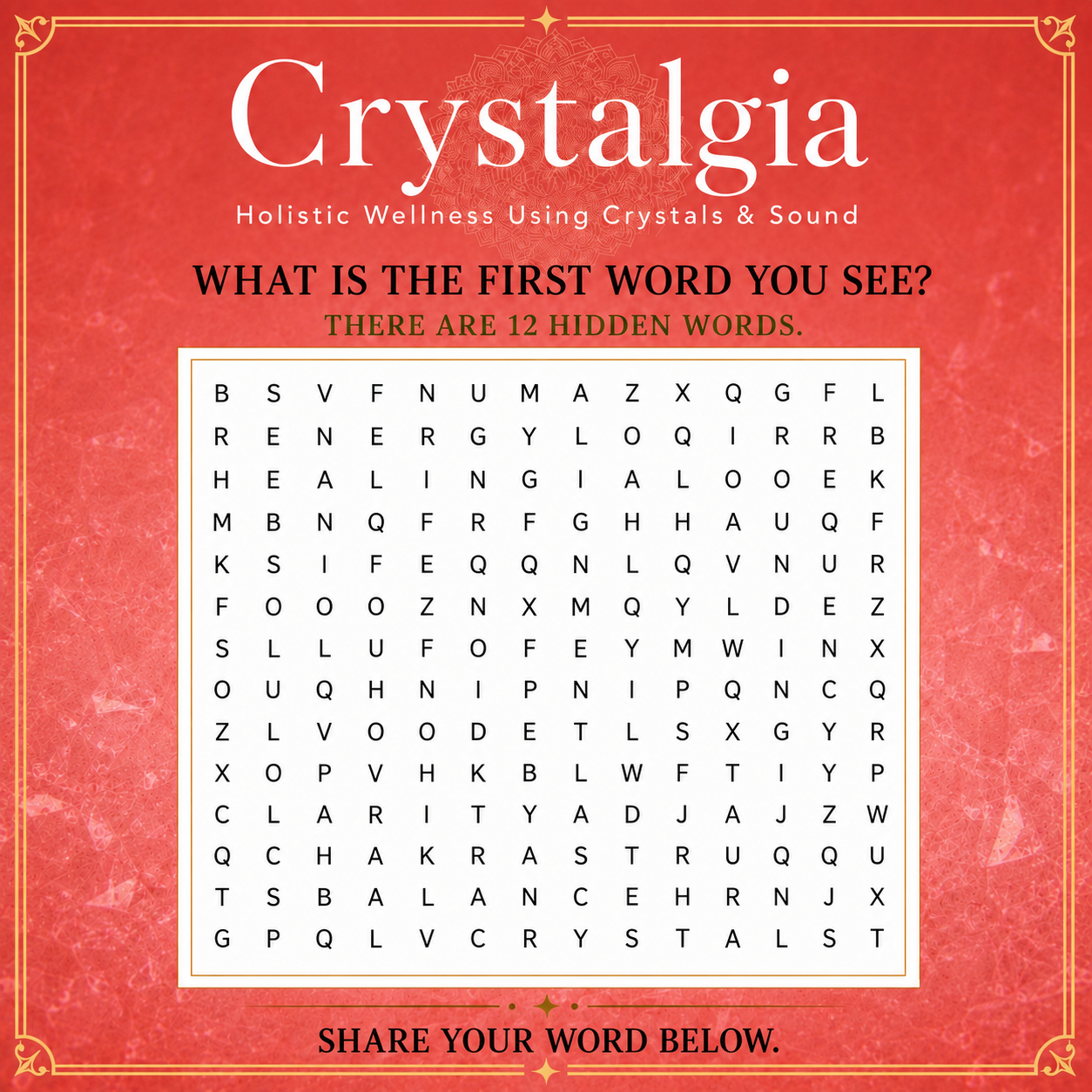 A calming, coral-toned word puzzle featuring a grid of letters, with the Crystalgia logo above and a gentle invitation to find the first word you see. The image evokes reflection and self-discovery, inviting viewers to explore a meaningful word.