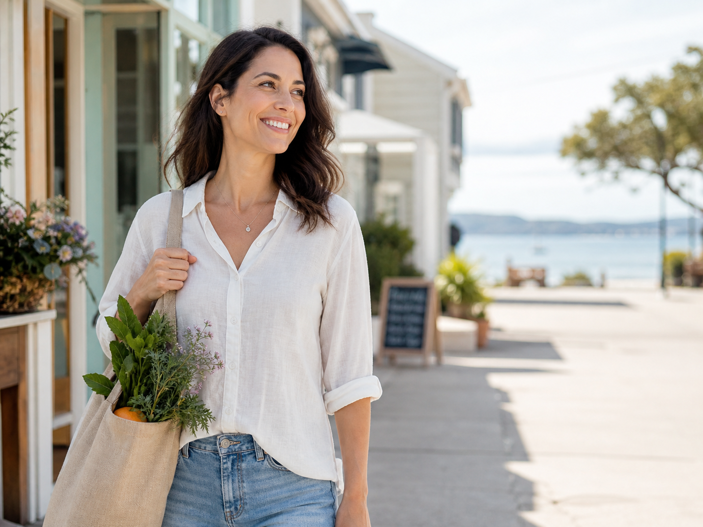 A woman with dark brown hair smiling while walking along a seaside boardwalk, carrying a reusable tote bag filled with fresh vegetables and herbs, dressed in a white blouse and blue jeans.