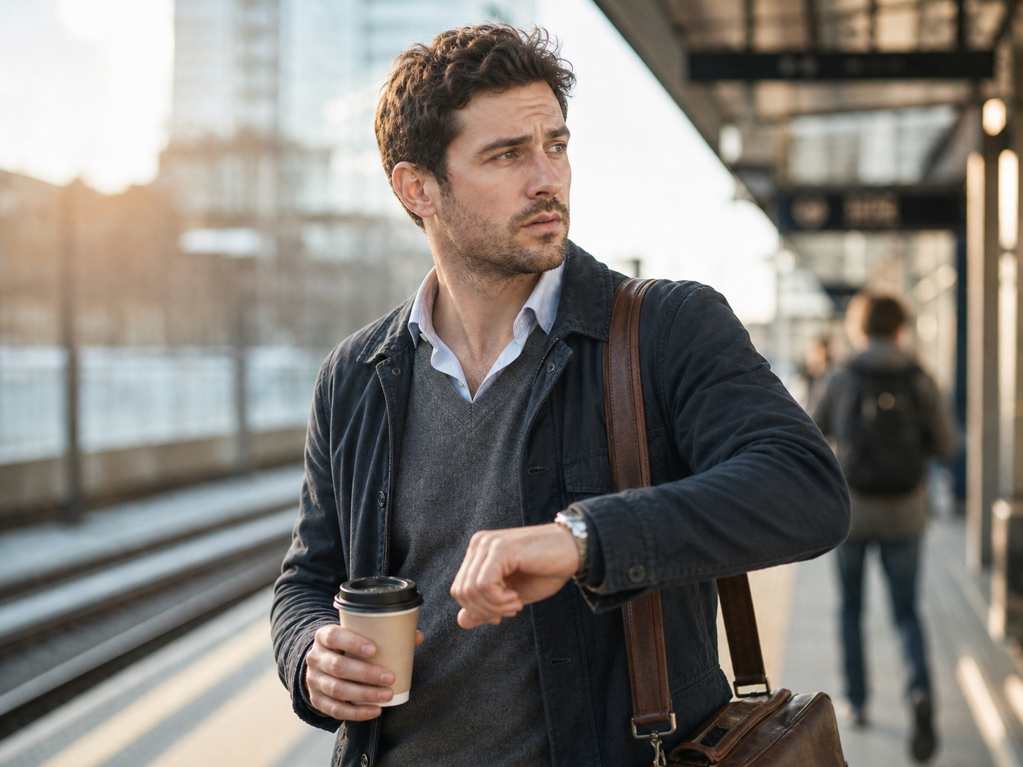 Man waiting on a train platform looking at his watch, holding a coffee cup, with a backpack and shoulder bag, in an urban setting during late afternoon.