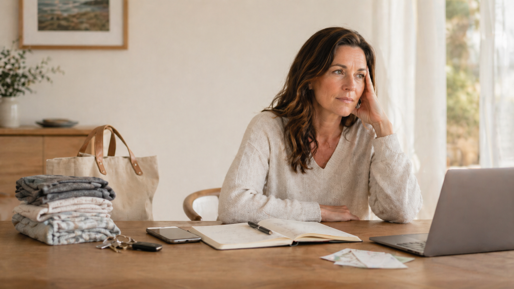 A woman sitting at a wooden table with laundry, keys, and a smartphone, looking thoughtful while working on a laptop.