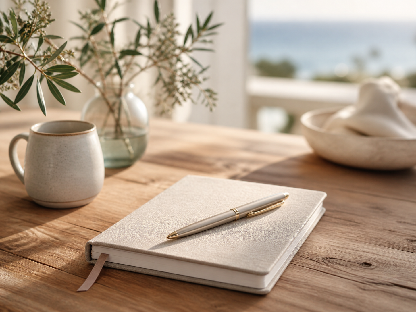 A wooden desk with a white textured notebook and a beige pen on top, a white mug, a glass vase with greenery, and a bowl with crumpled napkins, with sunlight streaming through a window in the background.