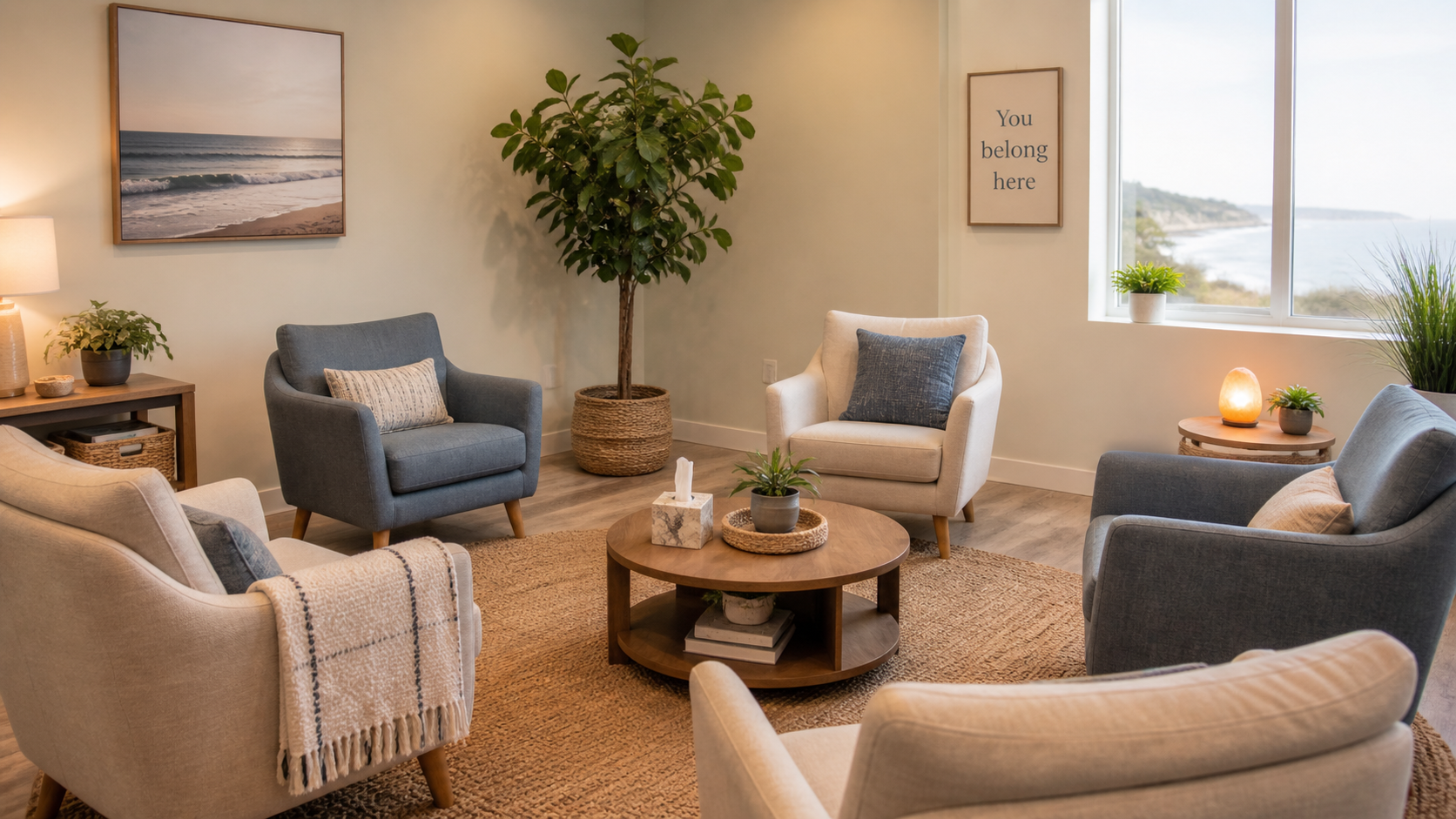 Comfortable living room with six armchairs around a wooden coffee table, indoors near large window with beach view, decorated with houseplants, framed beach painting, and a sign reading 'You belong here'.