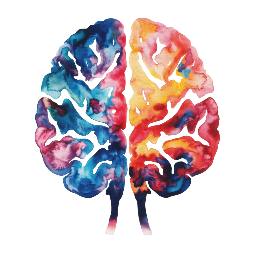 Colorful watercolor illustration of a human brain with blue and red hues, divided into two hemispheres.