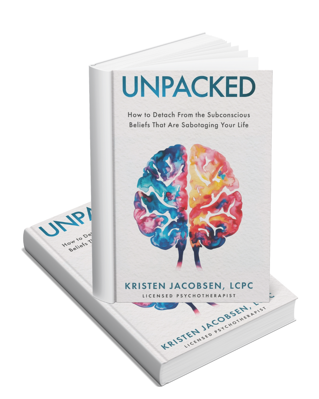 Book titled 'Unpacked' by Kristen Jacobsen with a colorful watercolor illustration of a brain on the cover.