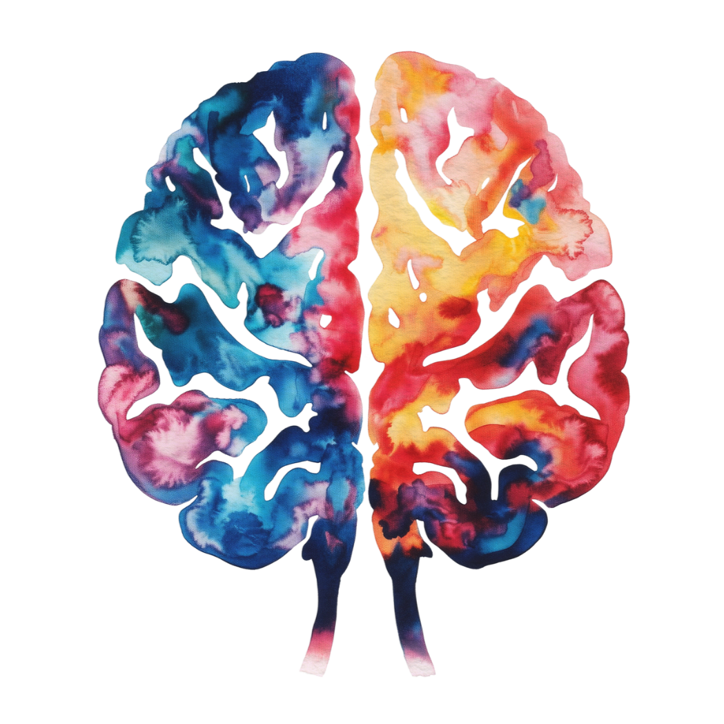 A colorful, watercolor-style illustration of a human brain, split into two hemispheres, with vibrant shades of blue, red, yellow, and orange.