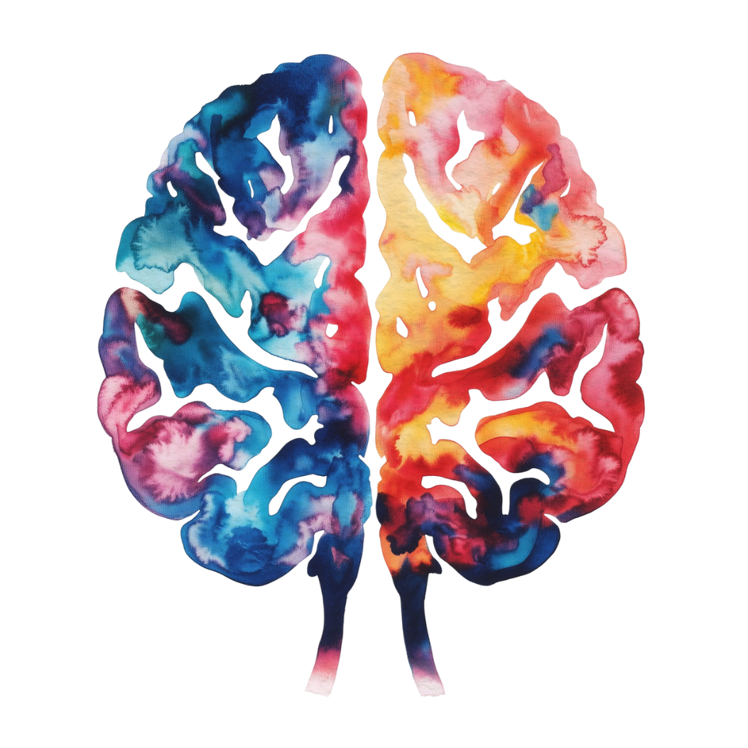 Abstract watercolor painting of a human brain with vibrant blue, pink, yellow, and red colors.